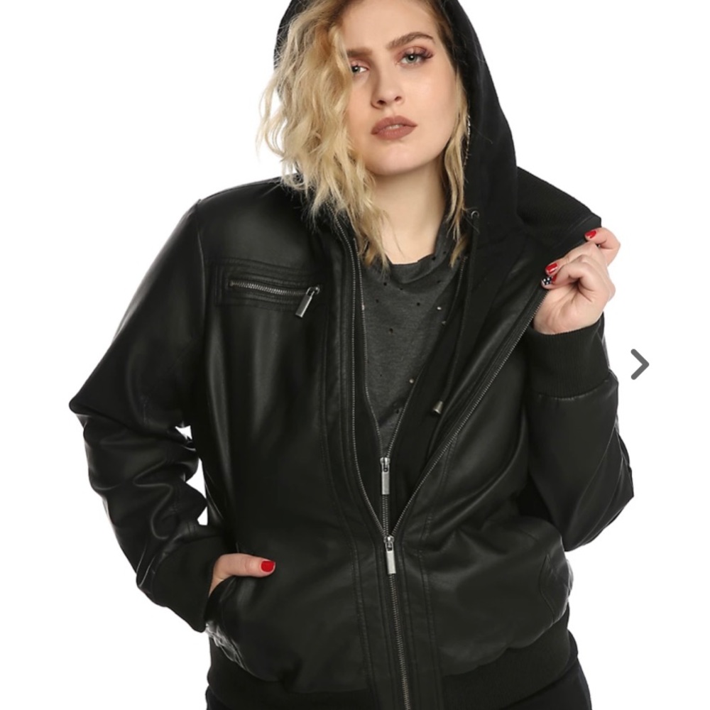 Hot Topic Size 2x Faux Leather Biker Jacket with Thick Hoodie Sweater Underneath